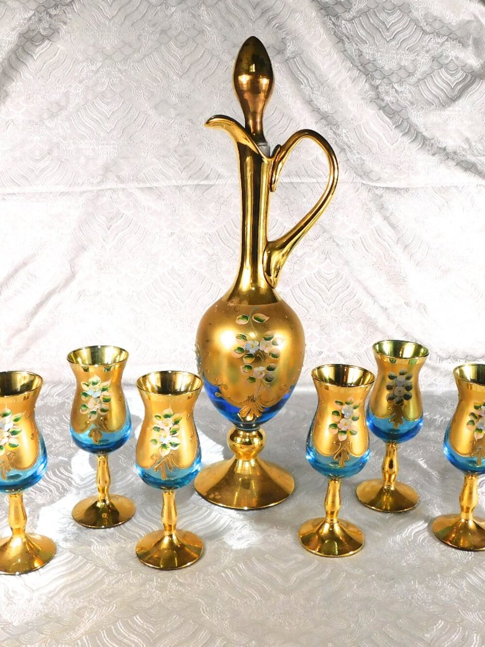 Blue Glass Decorative Decanter with Six Matching Glasses # 27780